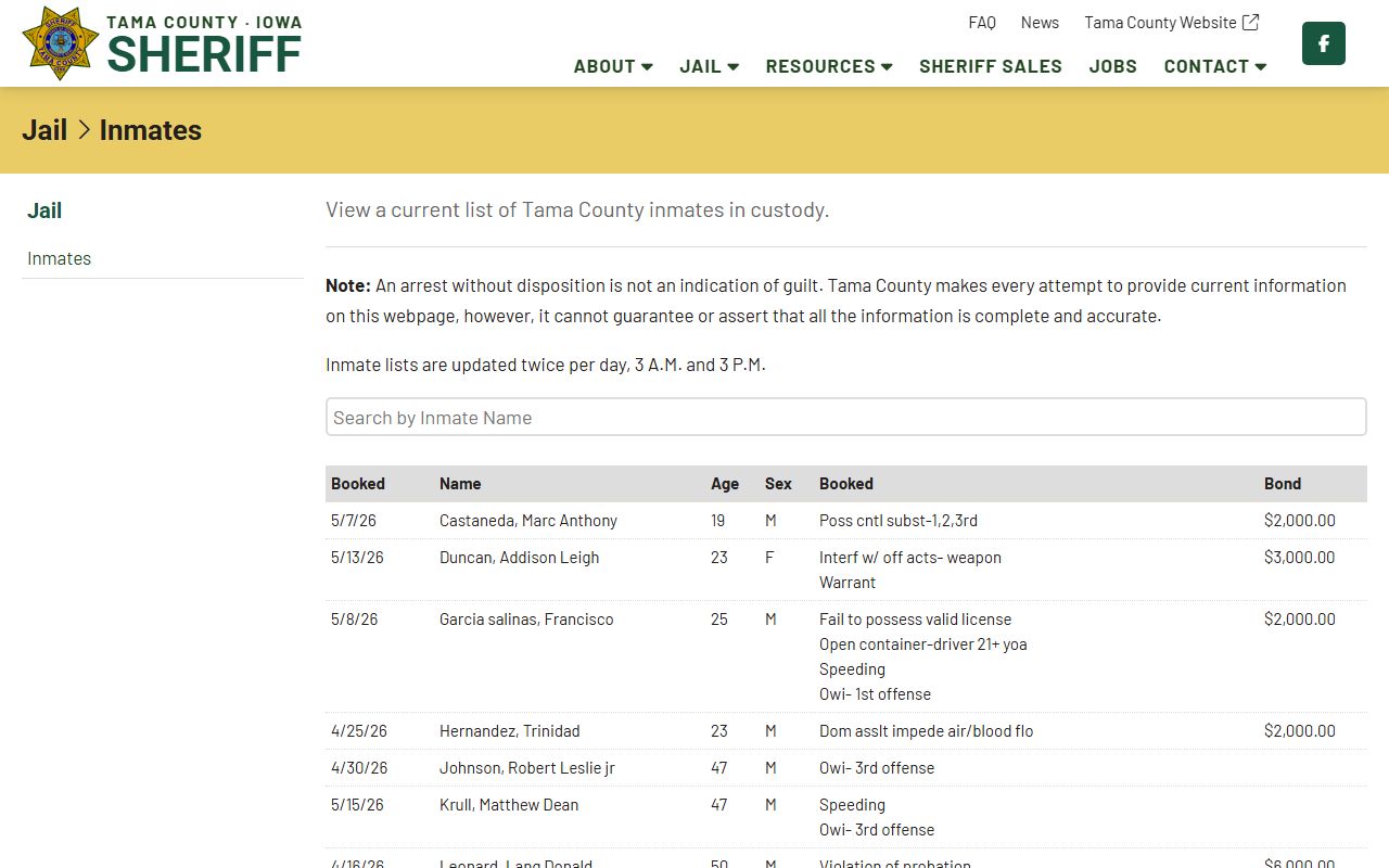 Tama County current inmate roster search fields and jail population list