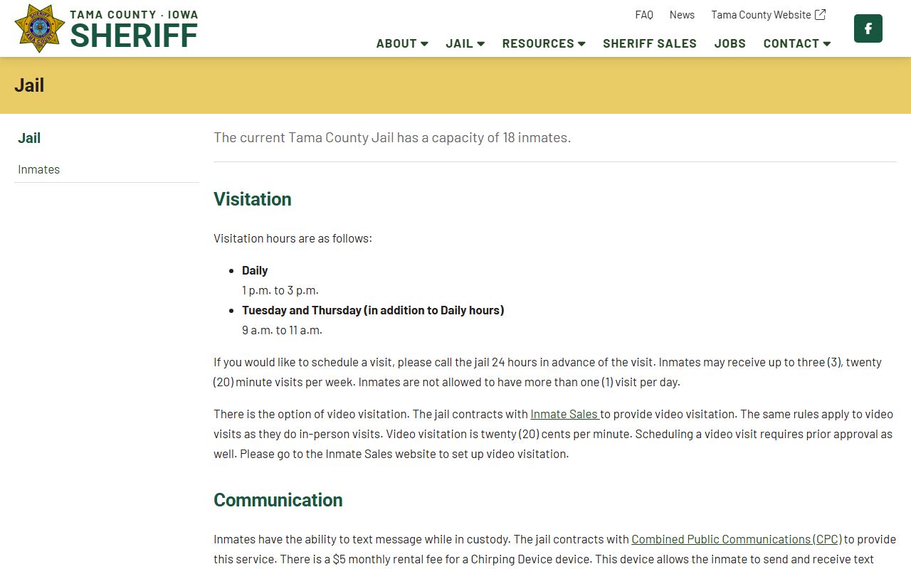 Tama County jail capacity and visitation information for inmate population records