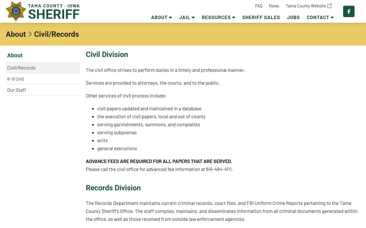 Tama County Jail records request and sheriff records division information